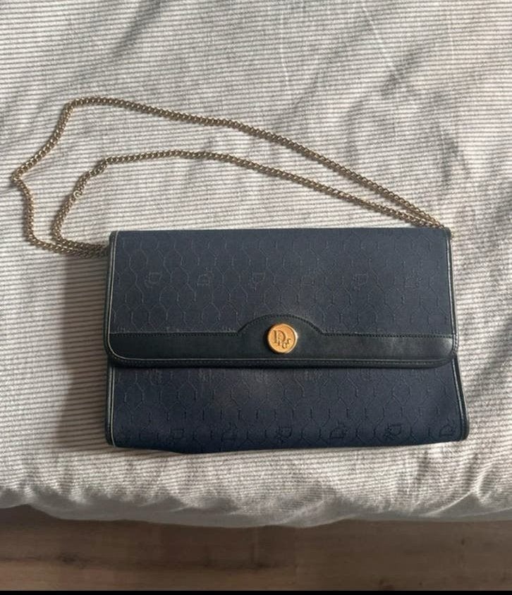Christian Dior Honeycomb vintage pochette à chaîne bleu, Enlèvement ou Envoi, Comme neuf, Bleu