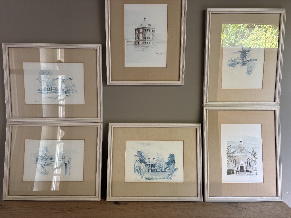 6 originele aquarellen Voorburg (NL) – Michiel Laernoes, Antiek en Kunst, Kunst | Schilderijen | Klassiek, Realistisch, Bijzondere lijst