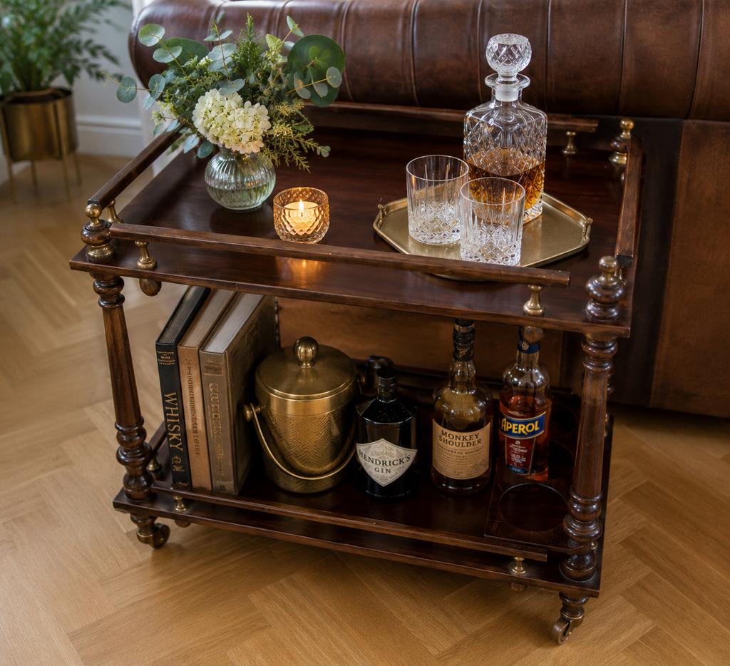 Chariot bar vintage en bois avec porte-bouteilles, Enlèvement, Comme neuf