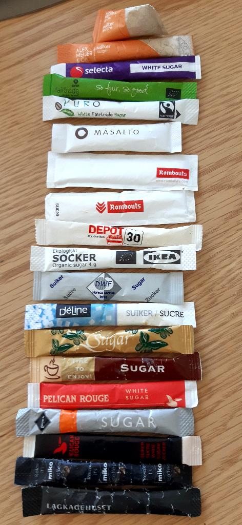 14 sachets de sucre différents/paquet de sucre fin = 3€, Collections, Enlèvement ou Envoi
