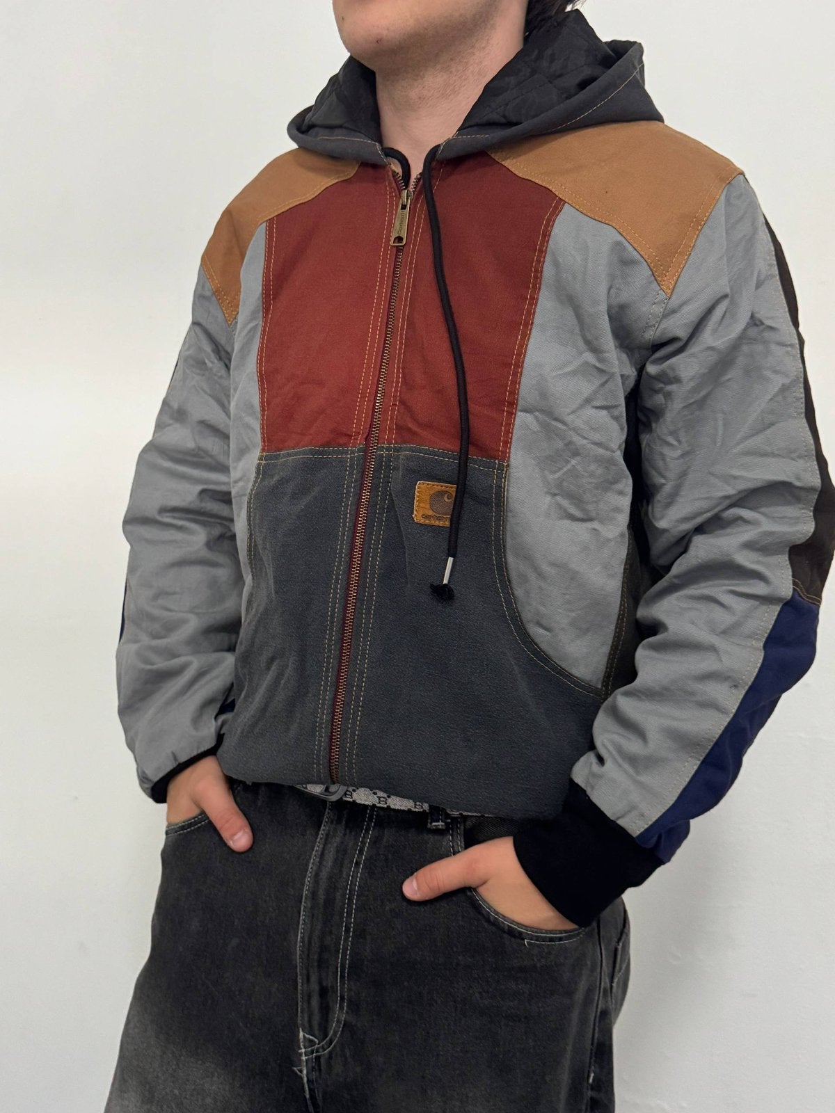 Veste à capuche patchwork vintage multicolore – Style, Enlèvement ou Envoi, Comme neuf, Taille 52/54 (L), Beige