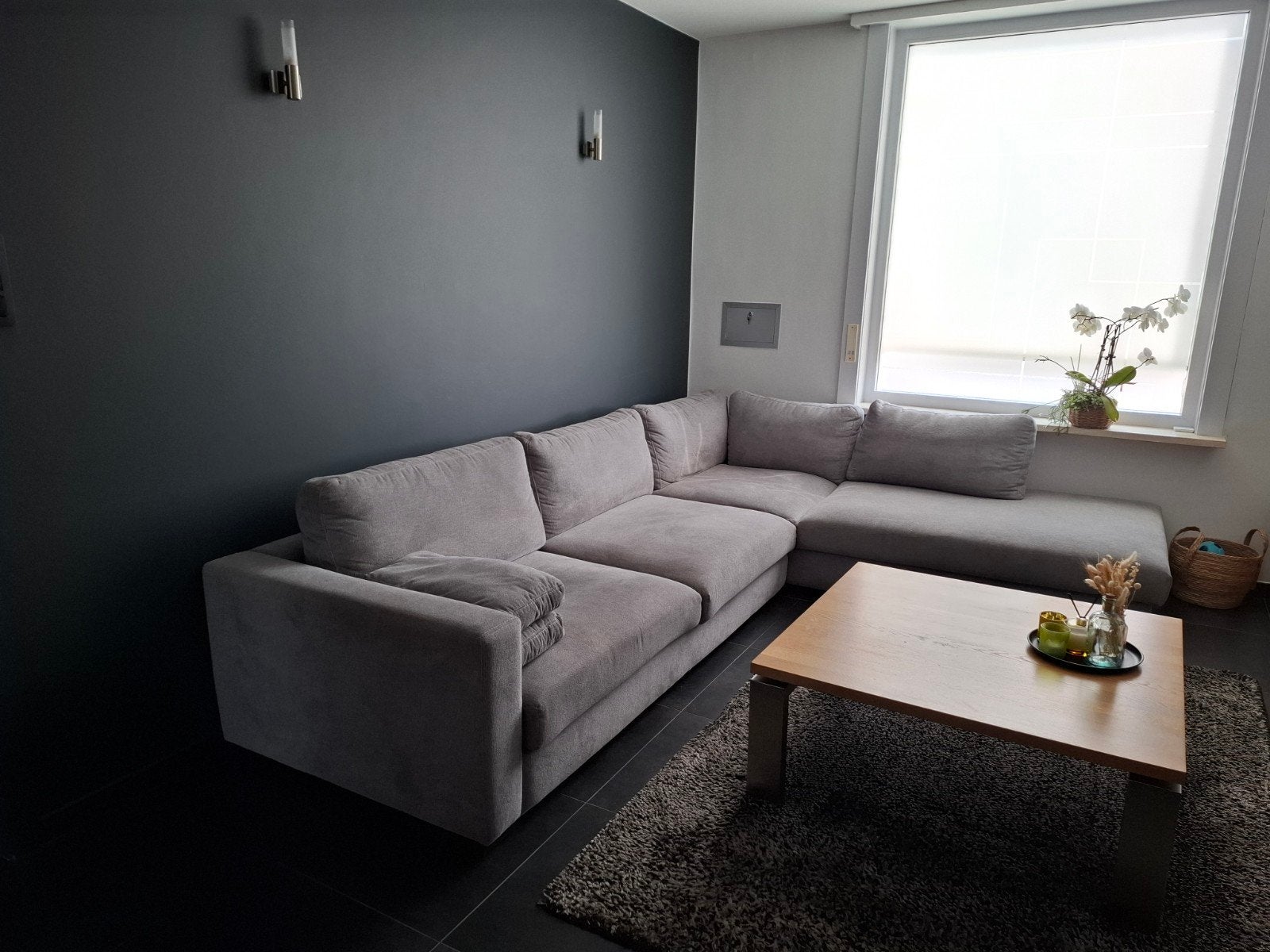 hoeksalon te koop  grijze stof 3m23 op2m50 op1m05, Huis en Inrichting, Zetels | Complete zithoeken, Ophalen, Stof