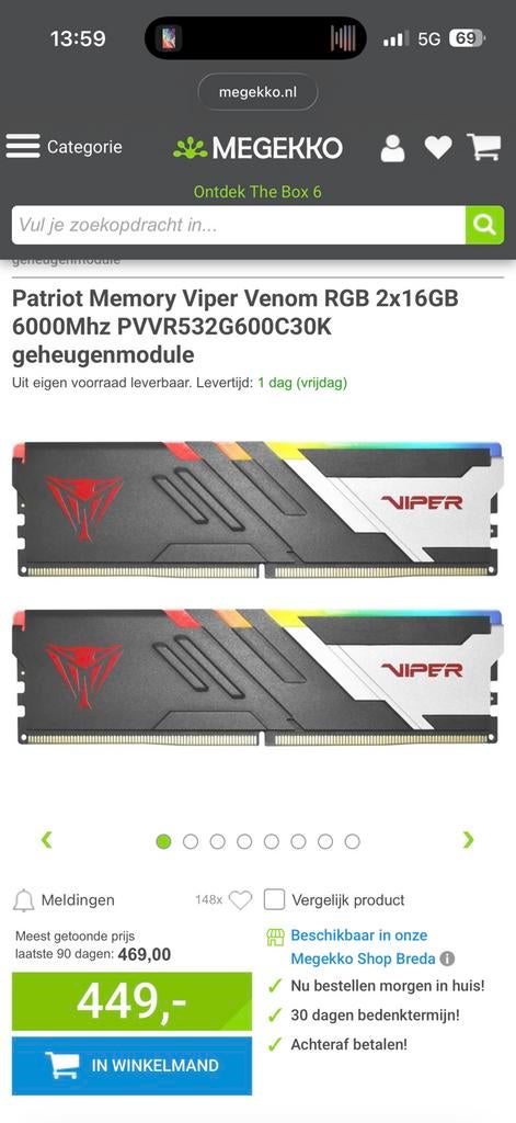 Patriot Viper venom rgb 32 gb 6000mhz ddr5 cl30, Computers en Software, RAM geheugen, Ophalen, Zo goed als nieuw, DDR5, 32 GB