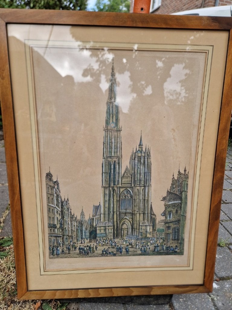 Oude gravure –Kathedraal Antwerpen – John Coney, Ophalen, Stadsgezicht, Gravure, Gesigneerd