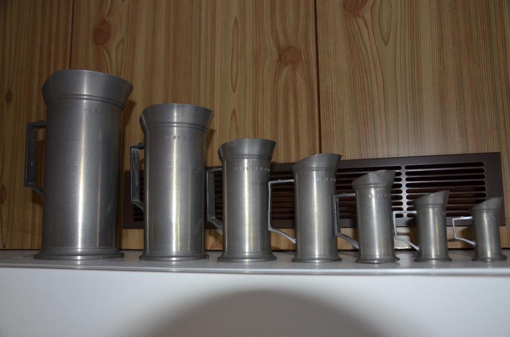 set van 7 tinnen potten, Antiek en Kunst, Ophalen