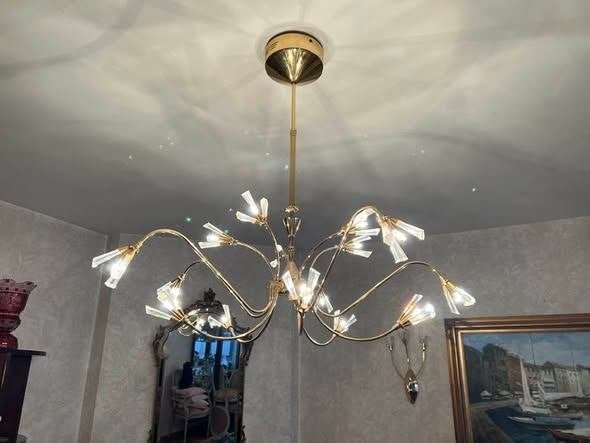 Sputnik kroonluster met kristallen, Huis en Inrichting, Ophalen, Zo goed als nieuw, Glas, Sputnik luster midden eeuwse modern
