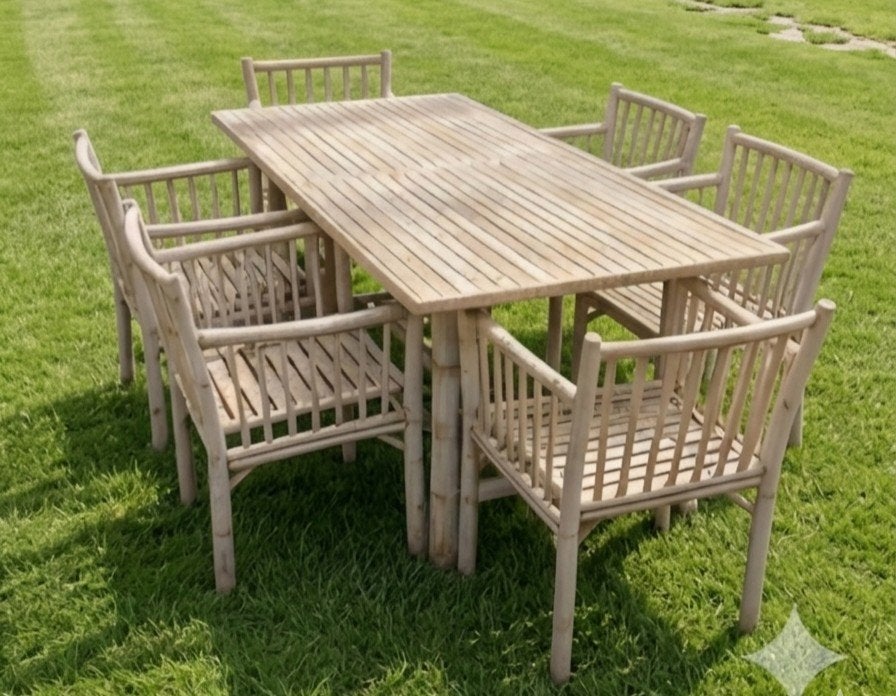 Landelijke tuinset - Bamboe & teak, Tuin en Terras, Ophalen, 4 zitplaatsen, Gebruikt, Hardhout