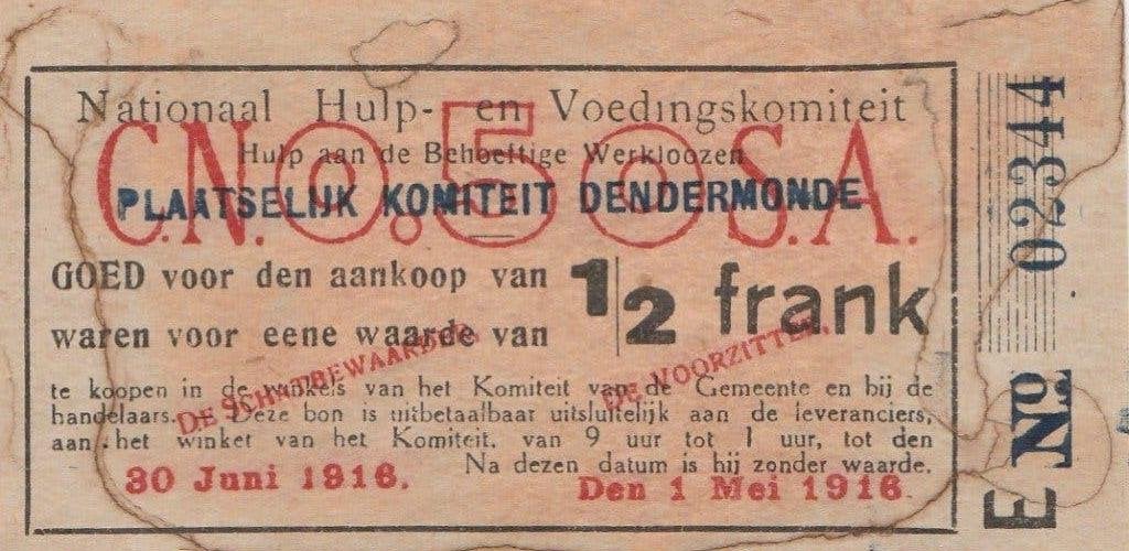 oorlog Bon Nationaal Hulp Dendermonde 1/2 frank 1916, Postzegels en Munten, Bankbiljetten | België, Ophalen of Verzenden