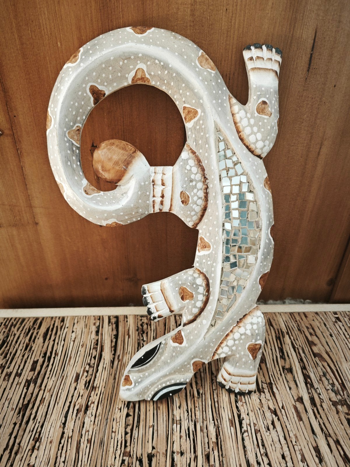 Gecko Salamandre Bois déco Mosaïques Miroirs, Neuf, Enlèvement ou Envoi, Objet de décoration, 34 cm