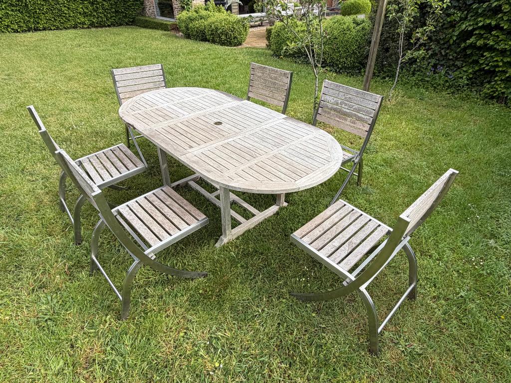 Tuinset teak + 6 stoelen, Tuin en Terras, Ophalen, Gebruikt, 6 zitplaatsen, Teakhout