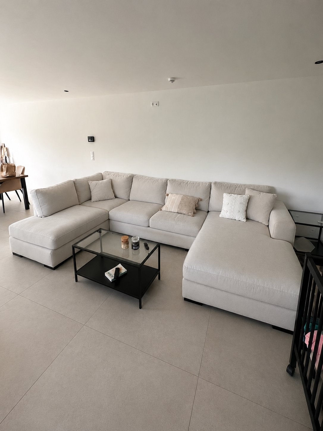 Canapé d’angle en U 3,66m - Tissu écru/crème – Très bon état, Maison & Meubles, Canapés | Coins salons complets, Comme neuf, Enlèvement ou Envoi