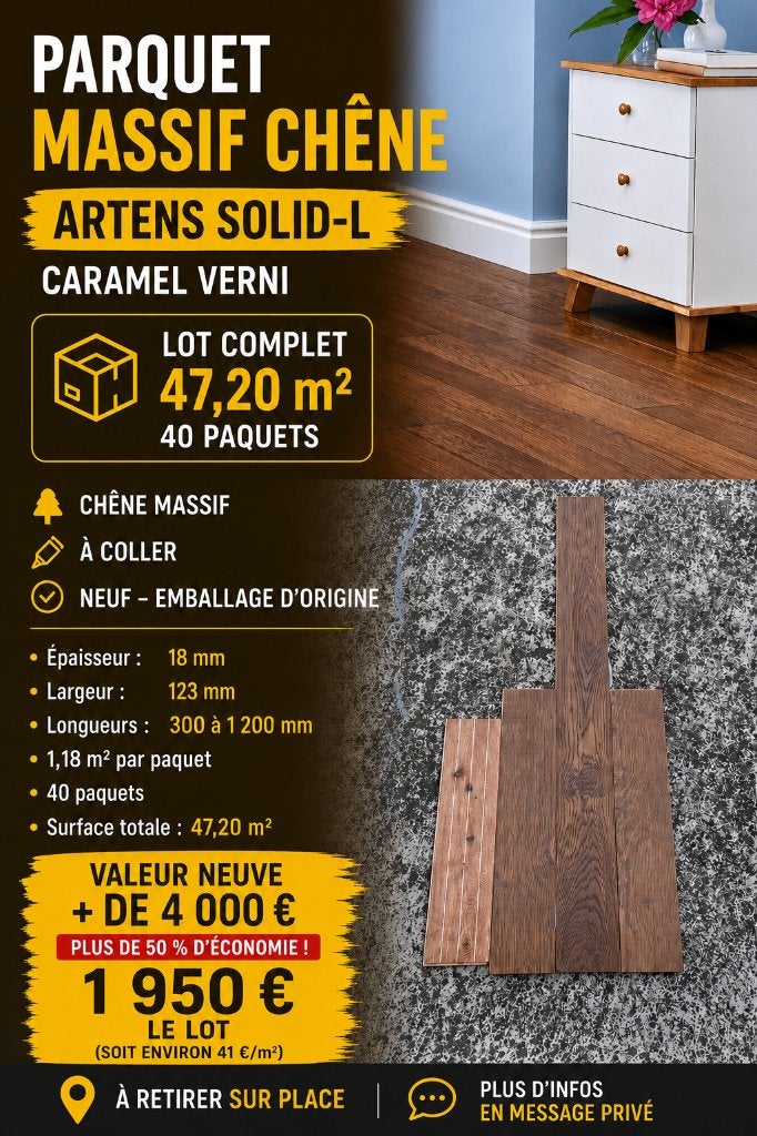 ARTENS massief eikenparket Caramel gelakt - lot van 47,20m2, Huis en Inrichting, Stoffering | Vloerbedekking, Parket, Massif chêne miel vernis à coller