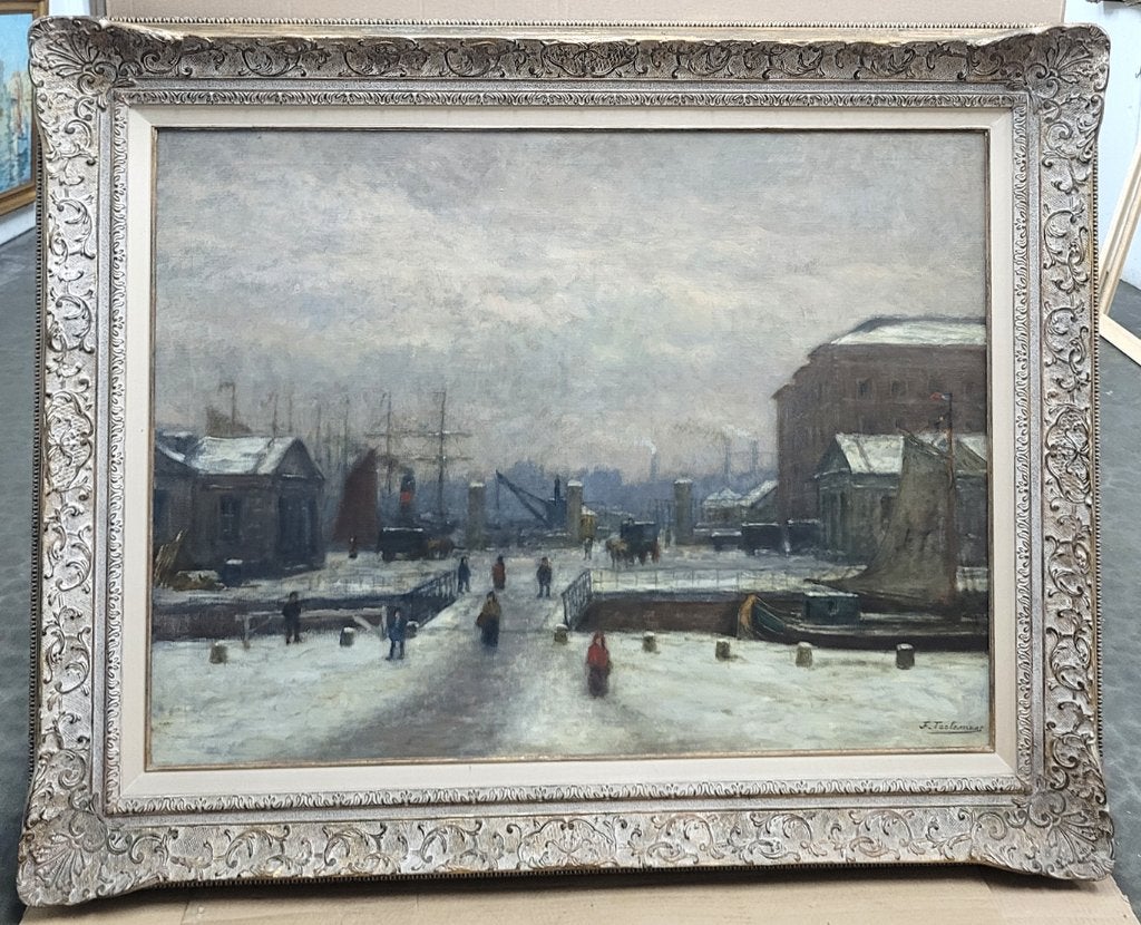 Jean François TAELEMANS, winter aan de kade, Ophalen, Gesigneerd, Landschap, Doek