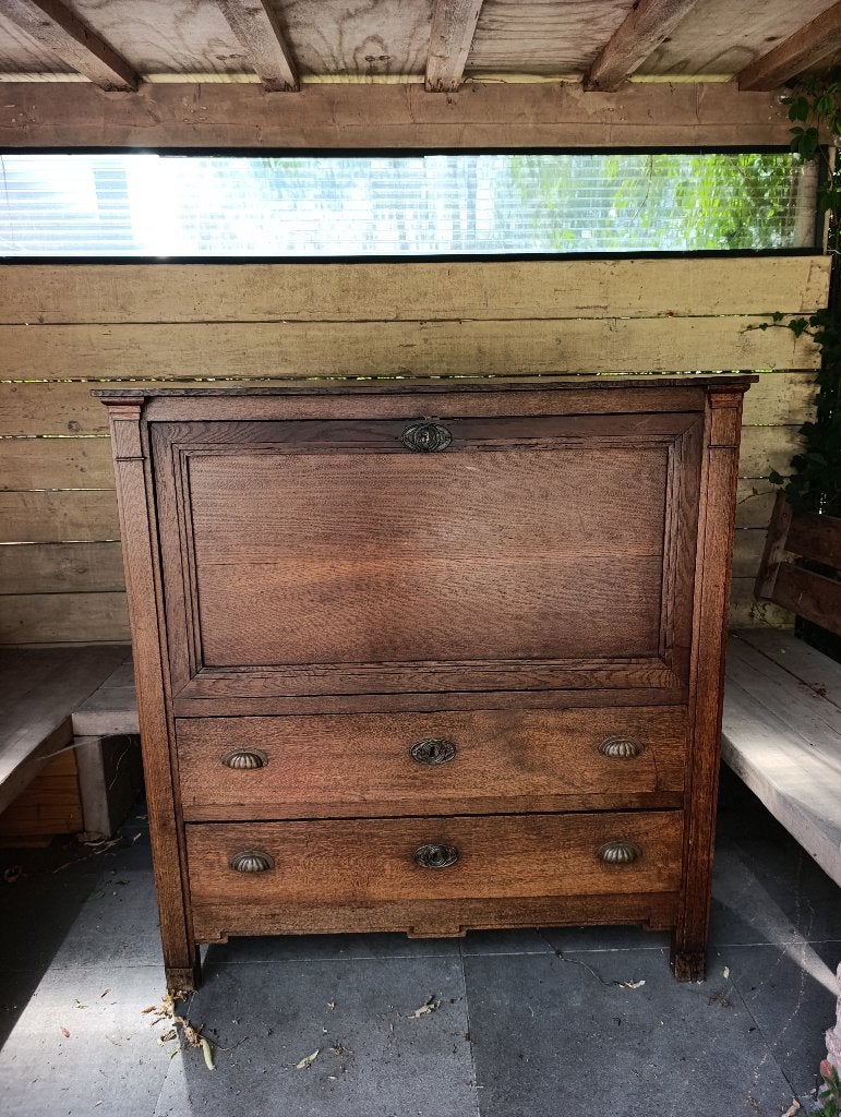 Antieke eikenhouten bureau met lades en schrijfblad, Ophalen, Gebruikt, Eikenhout