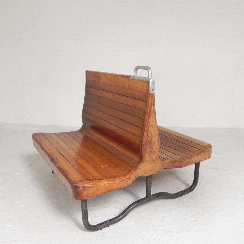 Dubbelzijdig treinbankje in teak, jaren 30, Antiek en Kunst, Antiek | Meubels | Stoelen en Sofa's, Ophalen of Verzenden