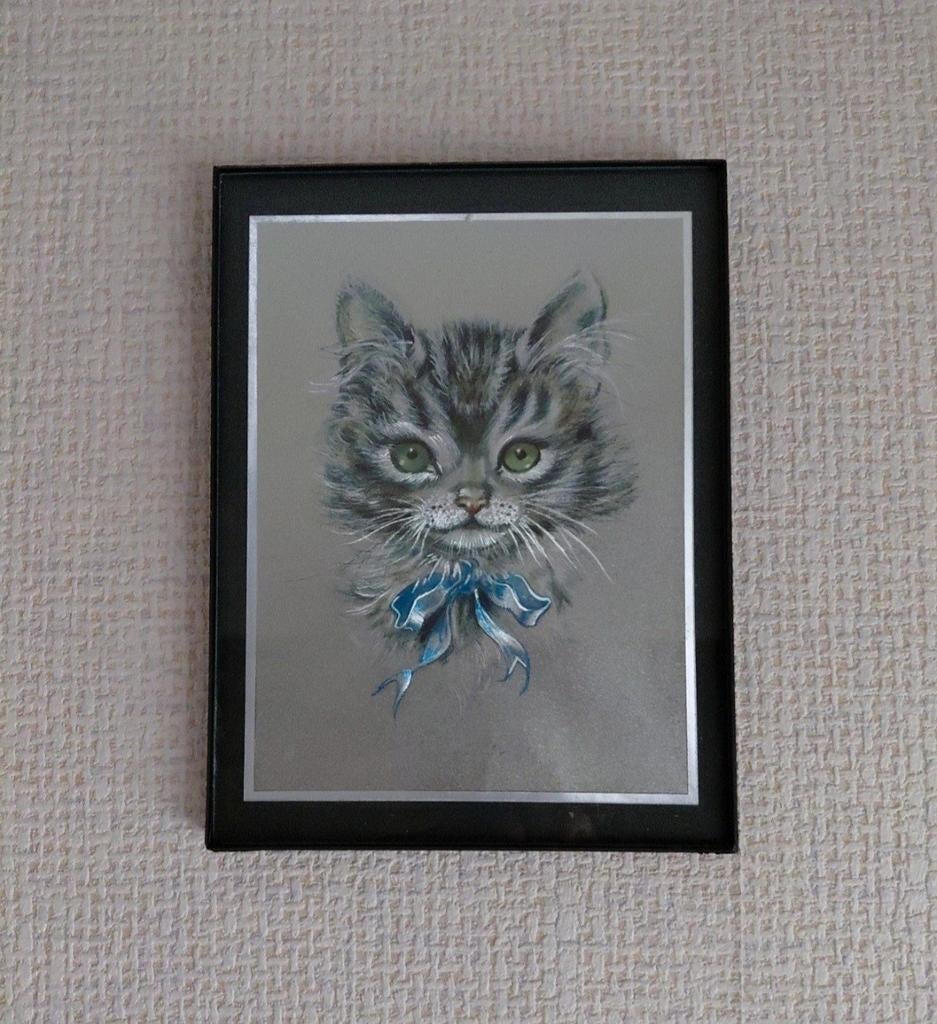 Vintage ingelijste foliekunst van kat, Ophalen of Verzenden