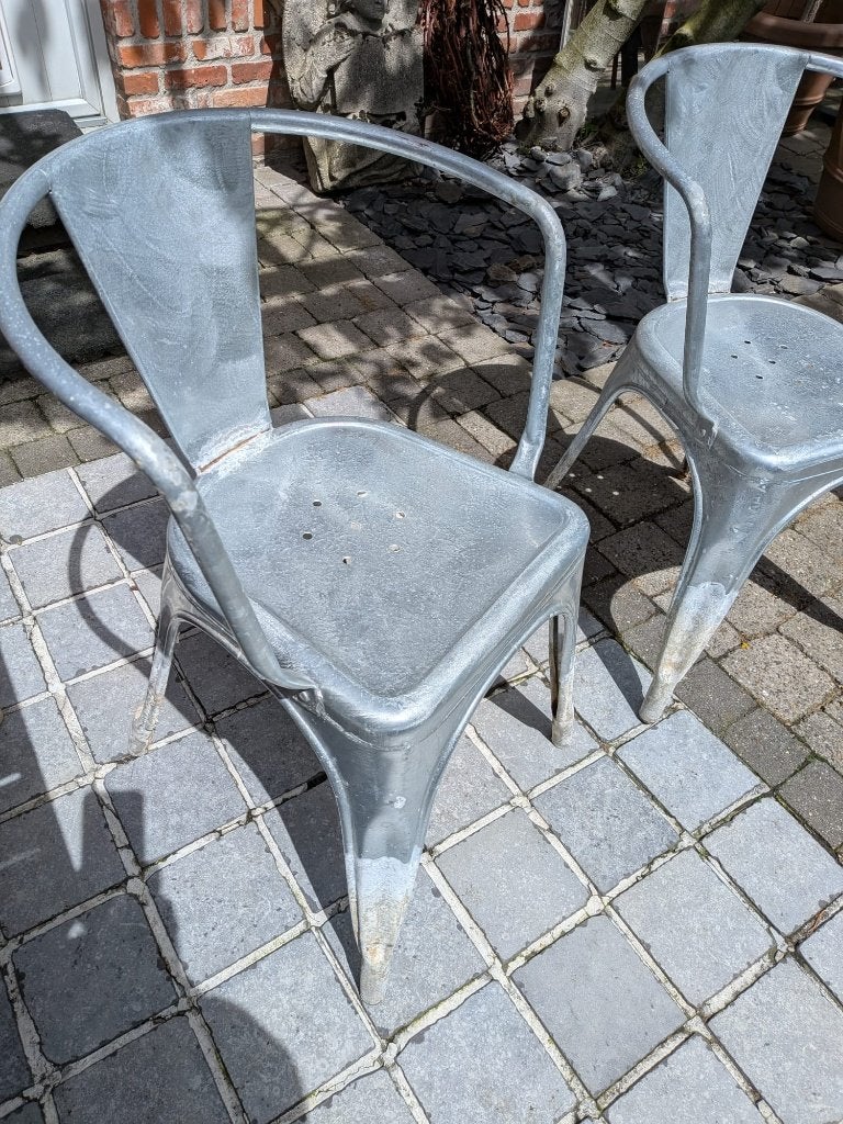 Twee zinken stoelen, Tuin en Terras, Tuinstoelen, Ophalen, Gebruikt, Metaal, Stapelbaar