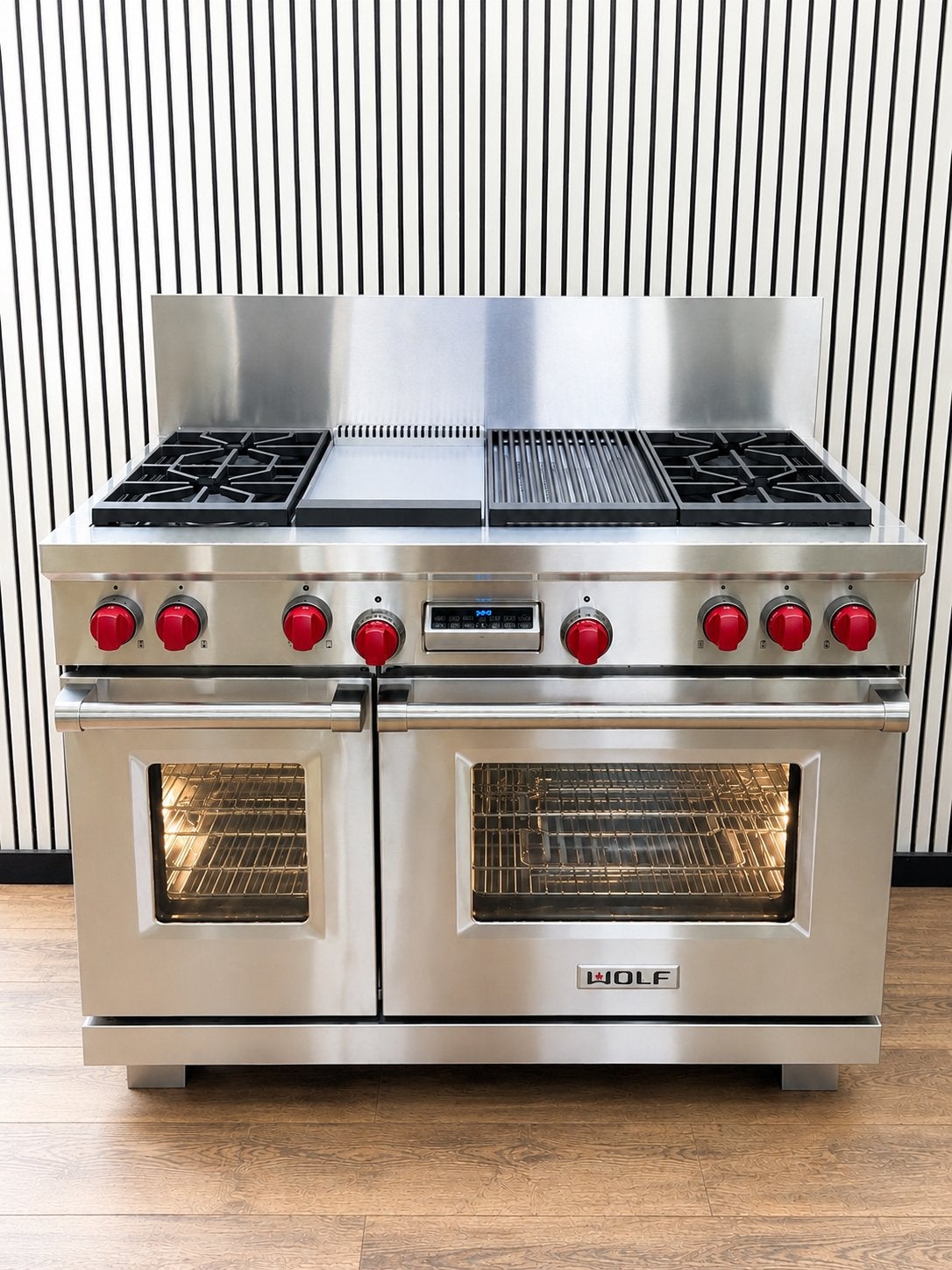 Luxe WOLF Gasfornuis RVS met rode knoppen 121 cm, Electroménager, Fours, Comme neuf, Autoportant, Autres marques, 60 cm ou plus