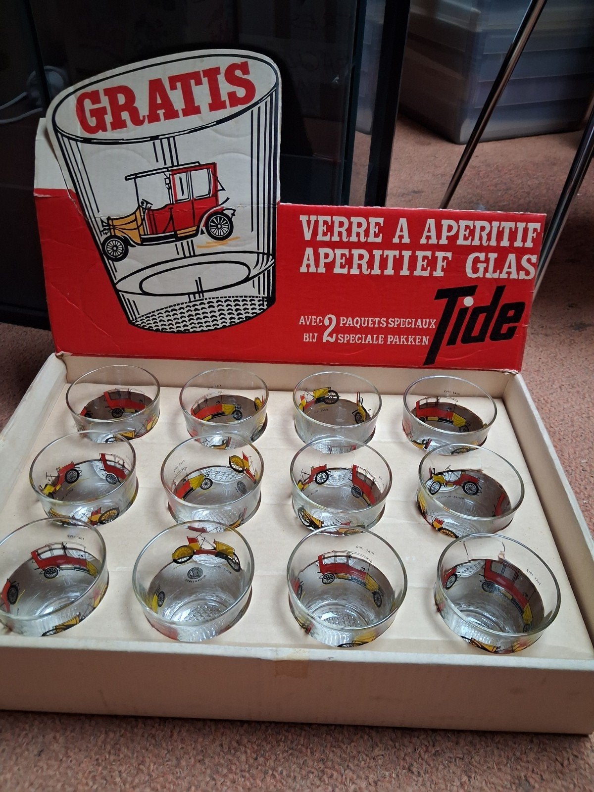 vintage Tide oldtimer  glazen in display doos 60's retro, Verzamelen, Glas en Drinkglazen, Ophalen of Verzenden, Gebruikt, Frisdrankglas
