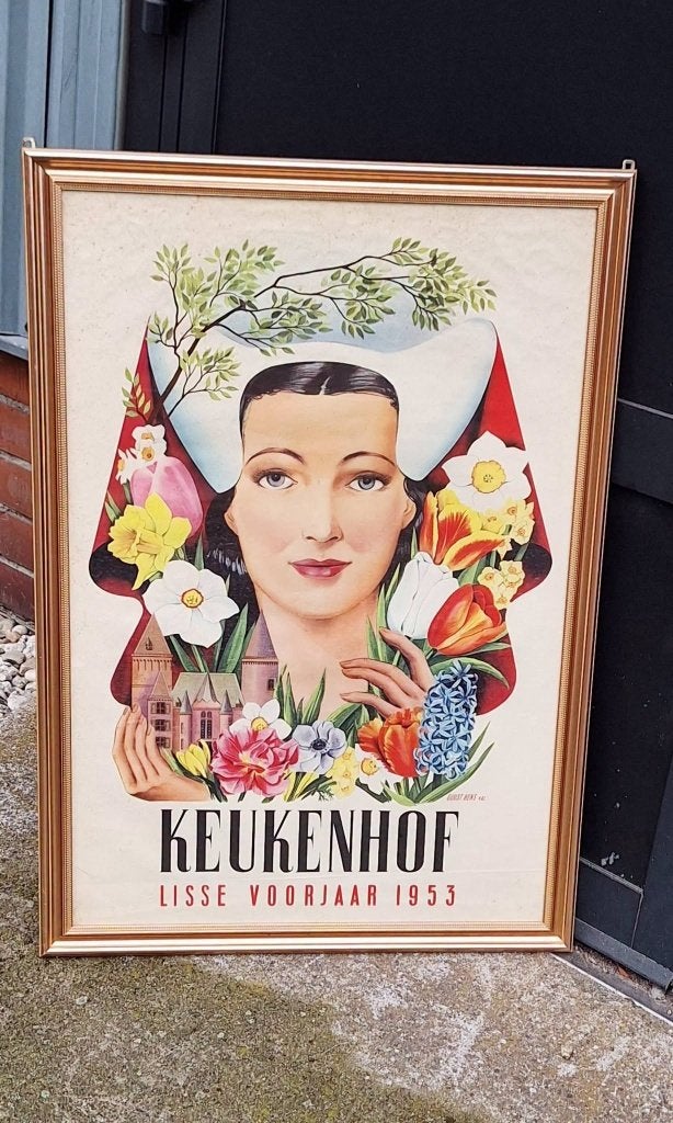Pracht vintage Keukenhof Lisse Voorjaar 1953 reclameposter., Ophalen, Met lijst, A1 t/m A3, Reclame