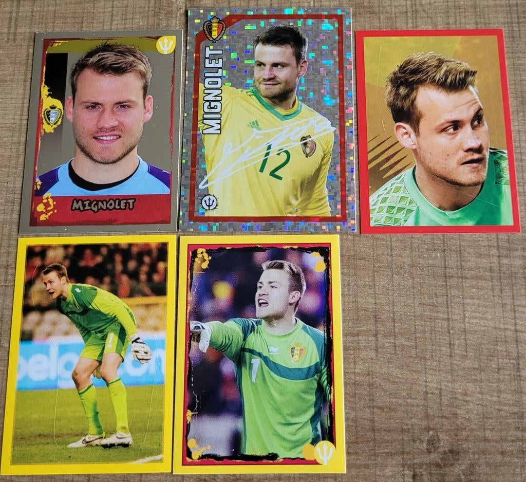 5 Panini stickers: Simon Mignolet, Ophalen of Verzenden, Zo goed als nieuw, Poster, Plaatje of Sticker