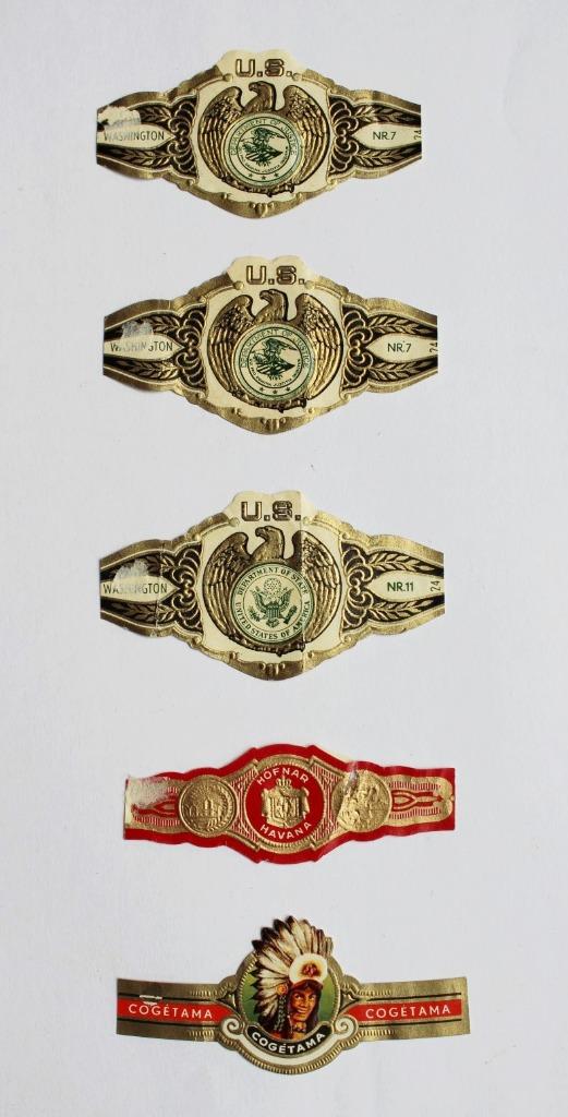 5 sigarenbanden 3 x USA  1 hofnar havana 1 cogetama, Verzamelen, Ophalen of Verzenden, Gebruikt, Sigarenbandjes