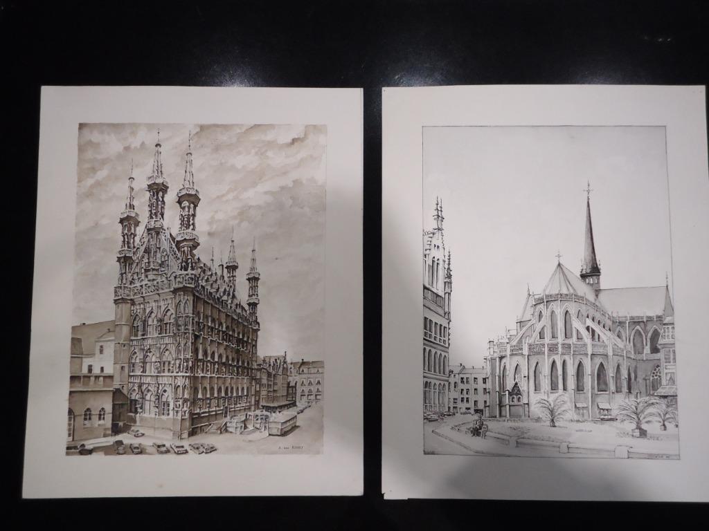 Van Roost LEUVEN akwarel stadhuis en inkttekening St Pieter, Antiek en Kunst, Ophalen of Verzenden
