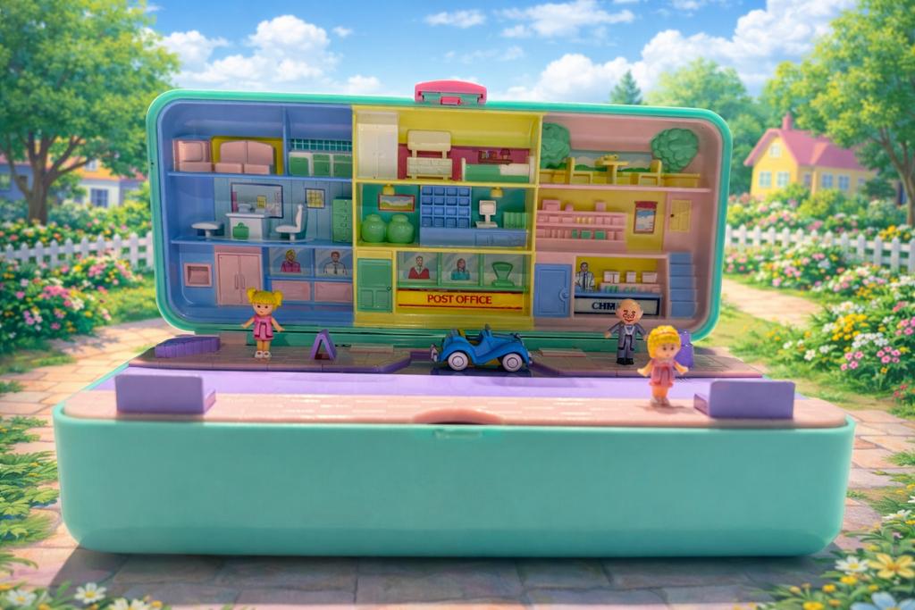 Polly Pocket High Street Money Box vintage – figuren + auto, Verzamelen, Ophalen of Verzenden, Gebruikt