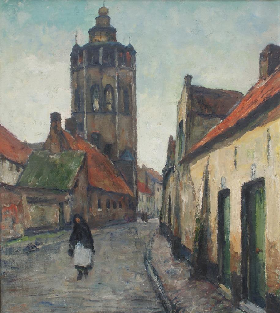 Leo Mechelaere (1880-1964): Brugs stadszicht (O/D, 76x91cm), Antiek en Kunst, Ophalen of Verzenden