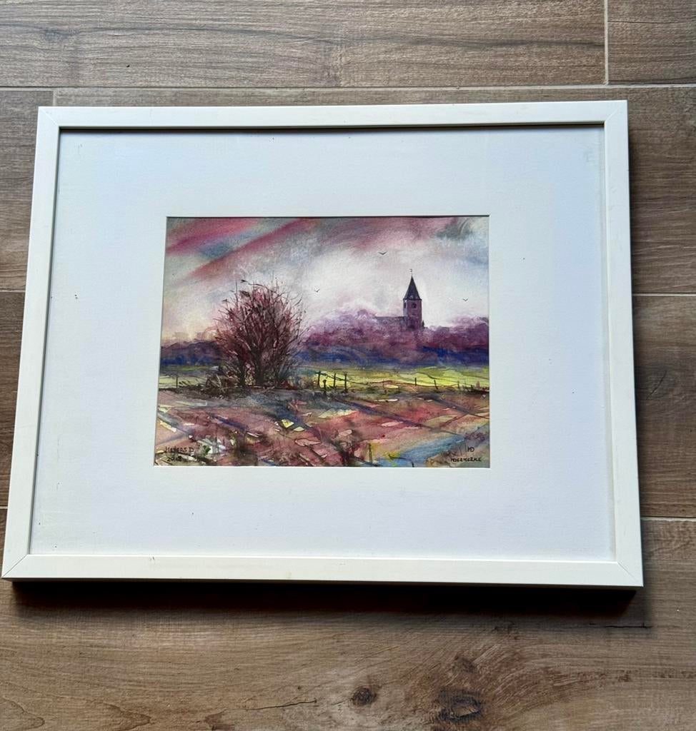 AQUARELLE — Église de Moerkerke encadrée, Enlèvement