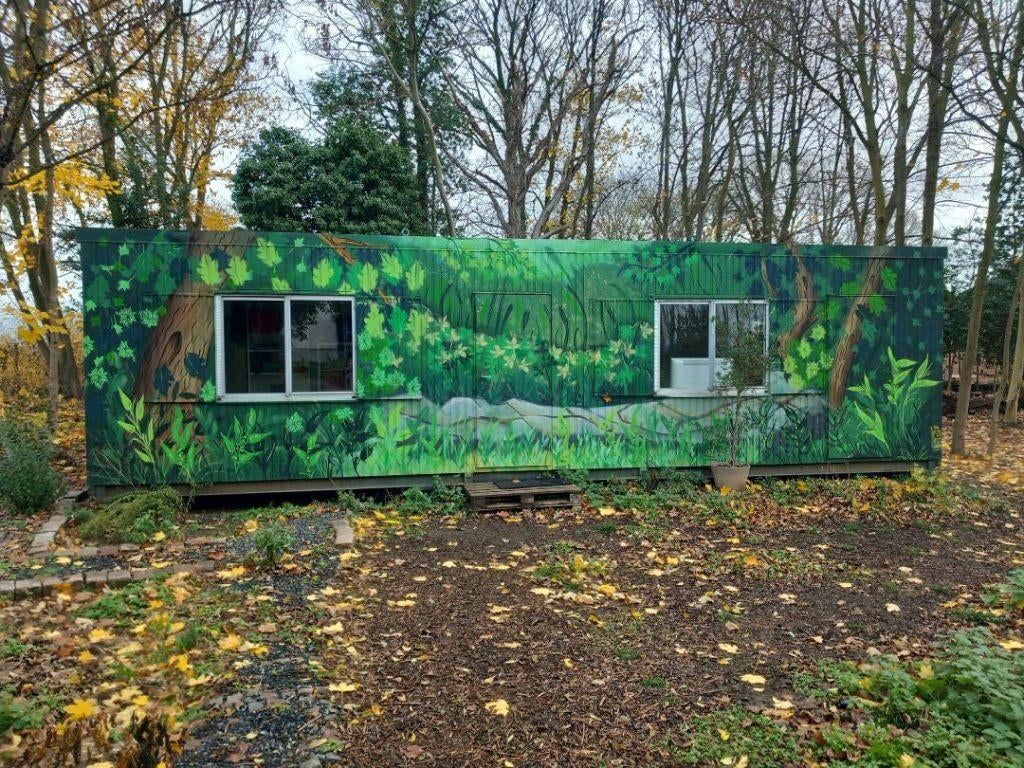 Wooncontainer 60 m2, 15000 euro, Enlèvement, Utilisé, Métal, Groene kleur