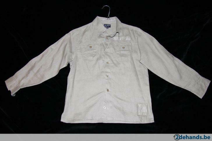 Donkerbeige linnen jongens hemd met opschrift, M: 9 à 10 j, Ophalen of Verzenden, Gebruikt, Jongen, Overhemd of Blouse
