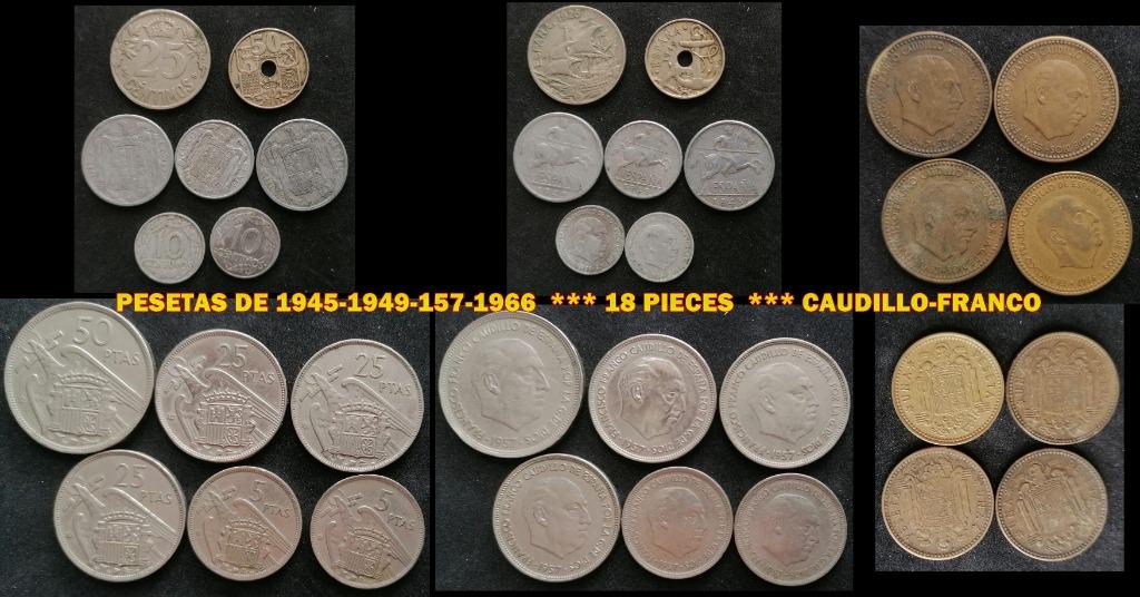 PESETAS UIT 1945-1949-157-1966 18 STUKS CAUDILLO-FRANCO, Verzenden, Overige landen, Losse munt