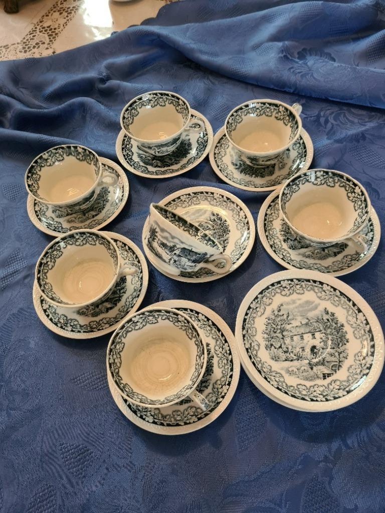 7 kop &12 schotels,sociëte ceramique decor boerenhoeve  blau, Enlèvement, Comme neuf, Autres matériaux, Tasse et/ou soucoupe