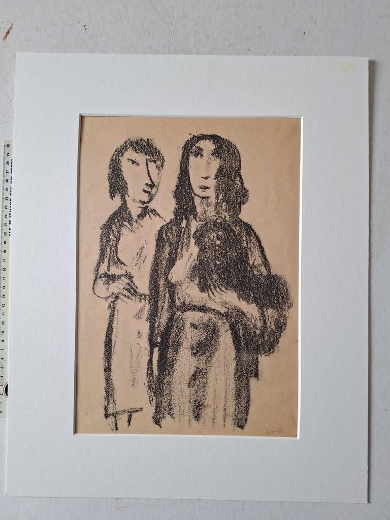 Litho Theo Van der Horst "Twee staande personen ", Antiek en Kunst, Ingelijst, Ophalen of Verzenden, Portret en Figuren, Lithografie