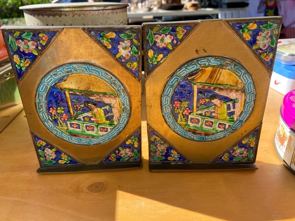 boekensteun duoset koper met email, Antiek en Kunst, Ophalen, Koper