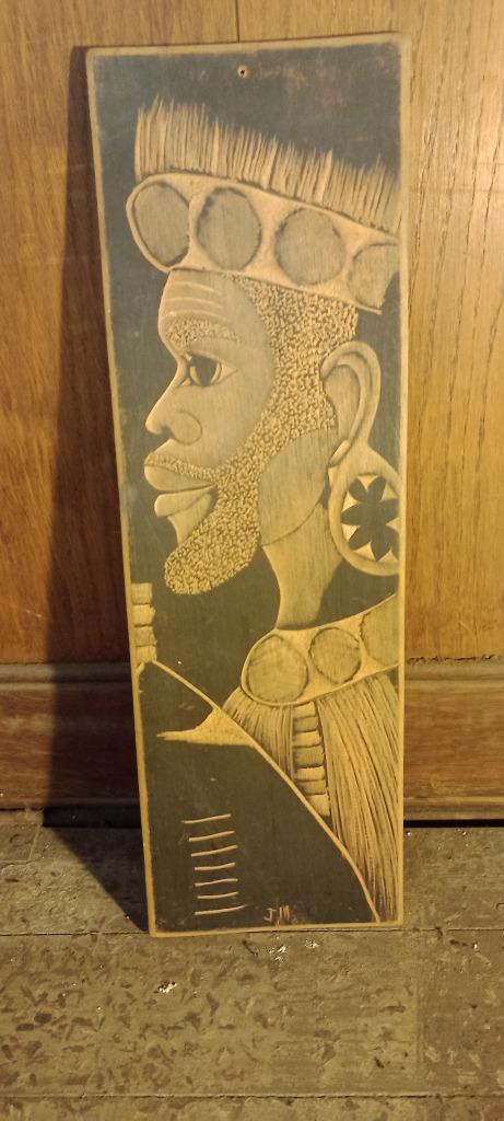 Gravure op hout gesigneerd JIM, Afrikaanse kunst, 14x45,n321, Ophalen of Verzenden, Portret, Gravure