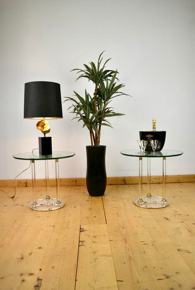 2 x Vintage Plexi Bijzettafeltje met Glazen Blad - 1970s, Vintage Design Modern, Rond, Ophalen, 45 tot 60 cm