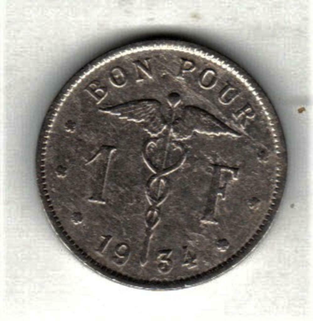 Belgisch muntstuk 1fr 1934 frans, Verzenden, België, Losse munt