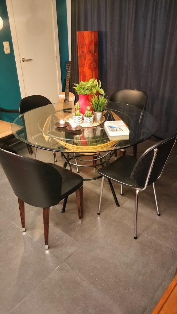 Fraaie eetkamer set met ronde glazen tafel., Enlèvement, Comme neuf