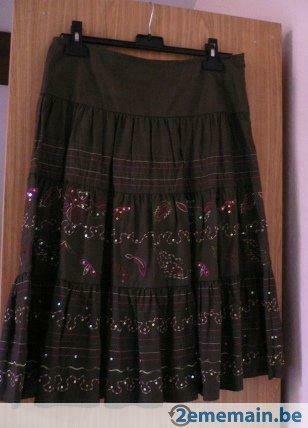 Jupe en coton kaki avec broderies colorées T 40 Vue sur mer, Kleding | Dames, Ophalen of Verzenden, Gedragen, Maat 38/40 (M)