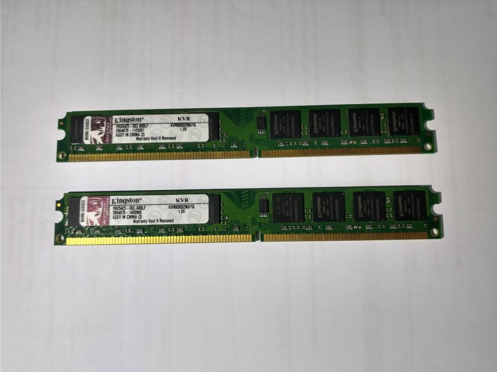 PC geheugen 2 x Kingston 1GB DDR2-800 KVR800D2N6/1G, Computers en Software, Ophalen of Verzenden, DDR2, Gebruikt, 1 GB of minder