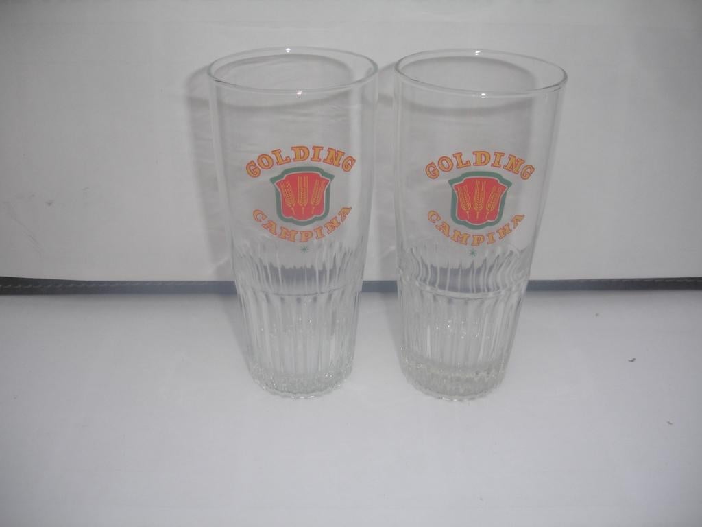 2 bierglazen Golding Campina voor € 1,50, Verzamelen, Ophalen of Verzenden, Zo goed als nieuw, Glas of Glazen, Overige merken