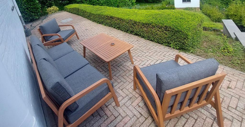Salon de jardin complet en bois – 4 pièces – État quasi neuf, Jardin & Terrasse, Ensembles de jardin, Comme neuf, Bois, 5 places