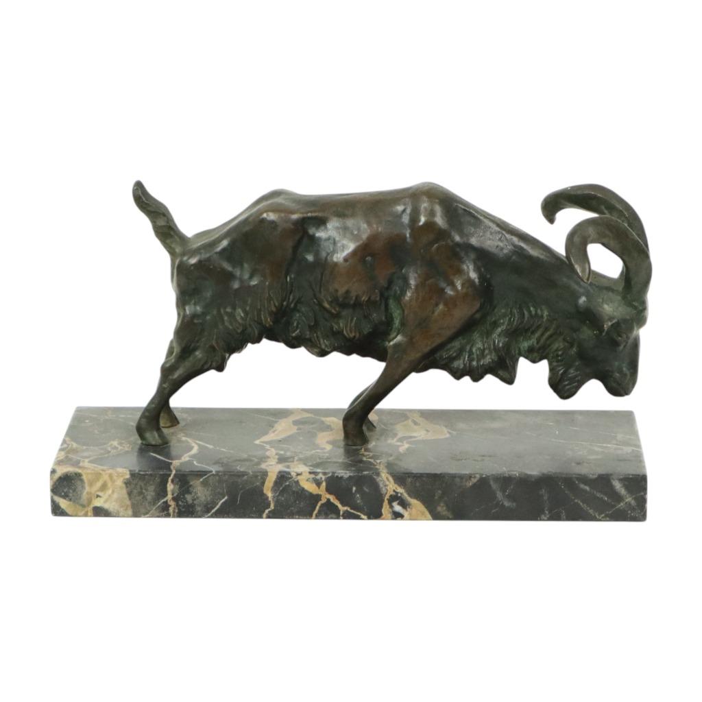 Antiek Bronzen Beeld Diersculptuur Geit Ram Marmer, Antiek en Kunst, Ophalen of Verzenden, Brons