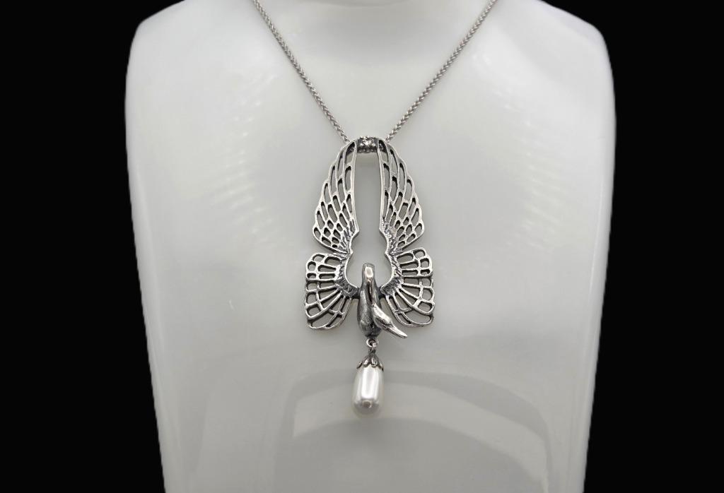 Zilveren hanger met zwaan, parel swarovski ketting. 2025/709, Verzenden, Zilver, Zilver, Met edelsteen