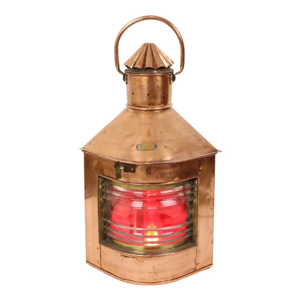 Grote Vintage Scheepslamp Rood Koper Fresnel Lens 49cm, Verzamelen, Scheepvaart, Gebruikt, Gebruiksvoorwerp, Motorboot of Zeilboot