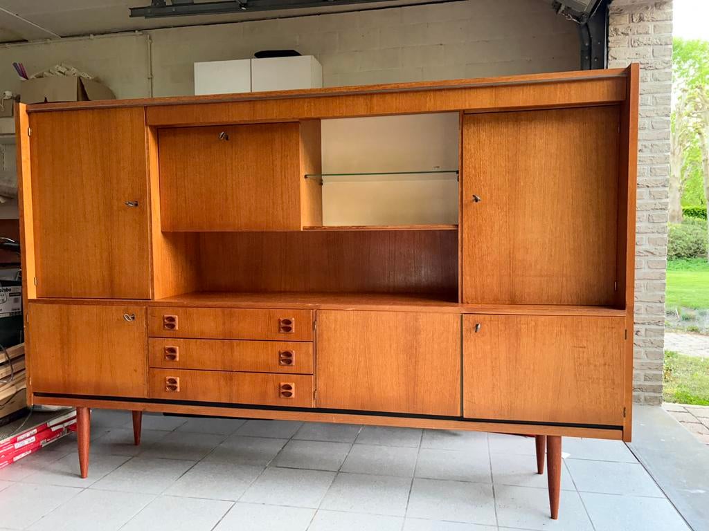 Vintage mid-century high board - sublieme staat, Huis en Inrichting, Ophalen, Gebruikt, Teakhout, 200 cm of meer