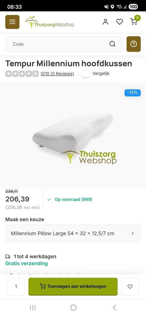 Tempur millennium orthopedisch hoofdkussen, 3 dagen oud, Ophalen of Verzenden