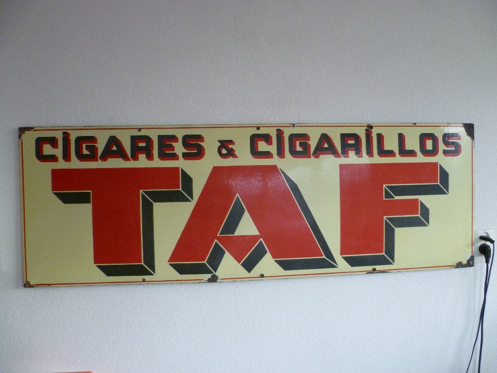 EMAILLE RECLAMEBORD"TAF CIGARES-CIGARILLOS"UIT 1937, Enlèvement, Utilisé, Panneau publicitaire